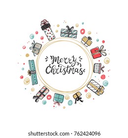 Merry Christmas. Holiday Vector Round Frame of Hand Drawn Doodle Gift boxes with hand lettering calligraphic. Xmas greeting Card Template. Happy Winter Holidays poster. Christmas wreath. New Year