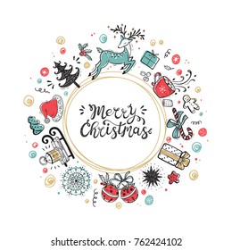 Merry Christmas. Holiday Vector Round Frame of Christmas decorations with hand lettering calligraphic. Xmas greeting Card Template. Happy Winter Holidays poster. Christmas wreath. New Year