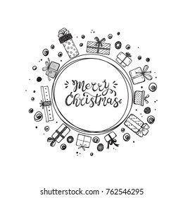 Merry Christmas. Holiday Vector Round Frame of Hand Drawn Doodle Gift boxes with hand lettering calligraphic. Xmas greeting Card Template. Happy Winter Holidays poster. Christmas wreath. New Year