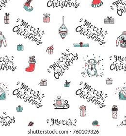 Merry Christmas. Holiday Vector Seamless Pattern. Hand Drawn Doodle Christmas decorations with hand lettering calligraphic. Xmas greeting Background. Winter Holidays. New year Wallpaper