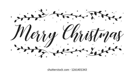 Merry Christmas Holiday Vector Text with Leaves. Festive Holiday Greeting Card. Christmas Card Vector Background. Merry Christmas Handwritten Vector Illustration Background