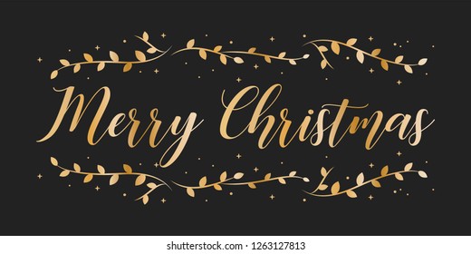 Merry Christmas Holiday Vector Text with Leaves. Festive Holiday Greeting Card. Christmas Card Vector Background. Merry Christmas Handwritten Vector Illustration Background