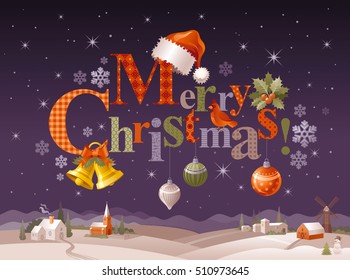 Merry Christmas holiday vector winter landscape banner, black night background. Santa Clause hat, golden jingle bells, cardinal bird, ball decoration. Country farm scene. Text lettering illustration.