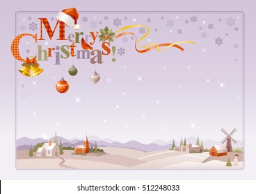 Merry Christmas holiday vector winter landscape border, monochrome background. Santa Clause hat, golden jingle bells, cardinal bird, ball decoration. Country farm scene. Text lettering illustration.