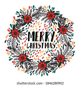 Merry Christmas holiday wreath round.  Winter decorative frame xmas. Vector illustration.