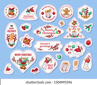 Merry Christmas Holiday. Xmas party vector patches, objects set. Cartoon stickers with dashed line for paper cutting. New Year red gift box, socks, santas claus hats. Holly Ilex, xmas candy canes.