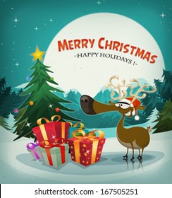 Merry Christmas Holidays Background/ Illustration of a funny reindeer with santa hat next to christmas fir and gift pack, for winter's eve holidays background, with snow and full moon in the sky