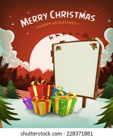 Merry Christmas Holidays Background/ Illustration of a cartoon red christmas holidays background, with gifts, wood sign and santa character driving sleigh in the moon light