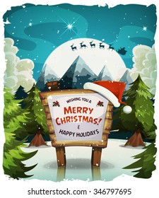 Merry Christmas Holidays Background/
Illustration of a cartoon night snowy christmas holidays background, with wood sign and santa character driving sleigh in the moon light