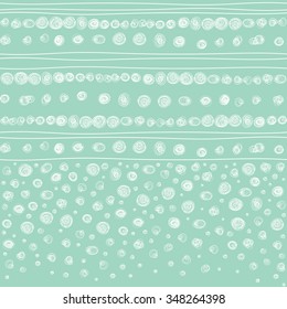 Merry Christmas Holidays Background with white doodle hand drawn snowflakes on light blue background. Vector seamless pattern. Frame, dividers, borders set.