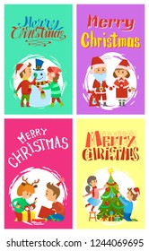 Merry Christmas holidays children building snowman, Santa Claus and Snow Maiden. Children open boxes with gifts, decorating Xmas tree, vector winter cards