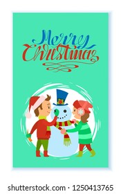 Merry Christmas holidays children building snowman vector in round brush frame. Boy in Santa Claus hat holding carrot nose, girl putting scarf on man of snow