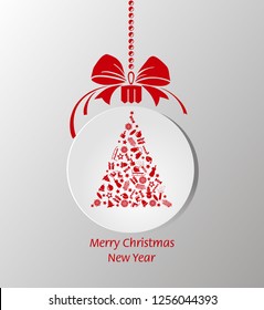 Merry christmas. Holidays greeting card with abstract Christmas gold ball fir-tree red. Vector eps 10 illustration. Christmas ornaments and typographic design.
