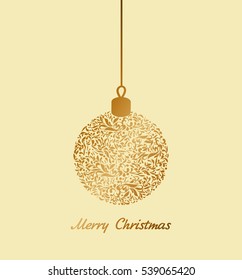 Merry christmas. Holidays greeting card with abstract doodle Christmas gold ball. Vector eps 10 illustration. Christmas ornaments and typographic design. 