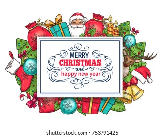 Merry Christmas holidays greeting card with gift, bells, a hat, a deer and a Christmas tree. Candles, bow, holly, candy and Santa Claus. Vector illustration.