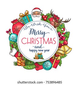 Merry Christmas holidays greeting card with gift, bells, a hat, a deer and a Christmas tree. Candles, bow, holly, candy and Santa Claus. Vector illustration.