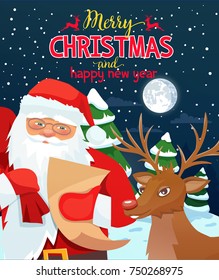 Merry Christmas holidays greeting typography card with Santa Claus and deer. Vector background with Happy new year message.