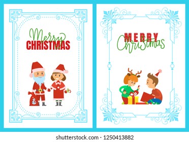 Merry Christmas holidays and happy winter posters vector. Santa Claus holding sack with presents to kids, Snow Maiden with lollipop. Unpacking gifts