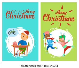 Merry Christmas holidays preparation, letter to Santa Claus vector in brush frame. Boys in warm winter cloth skating outdoors, winter skaters isolated