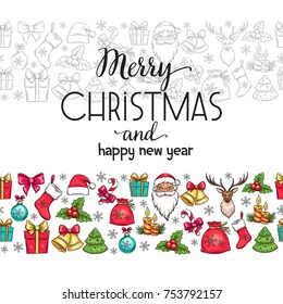 Merry Christmas holidays seamless border with gift, bells, a hat, a deer and a Christmas tree. Candles, bow, holly, candy and Santa Claus. Vector illustration.