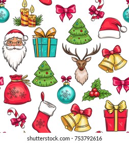 Merry Christmas holidays seamless pattern with gift, bells, a hat, a deer and a Christmas tree. Candles, bow, holly, candy and Santa Claus. Vector illustration.