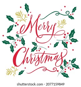 Merry christmas hollies berries leaves typography placement print icon vector, for wallpaper, fashion print, textile pattern, scrapbooking, invitation, card, decoration, festive, sticker, wrapping