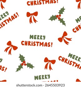 Merry christmas holly berries and red bows vector pattern, xmas illustration