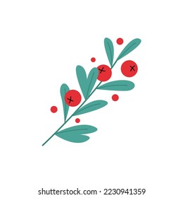 Merry Christmas Holly berry mistletoe for kisses. Mistletoe branch with red berries. Bouquet twig with green leaves. Flat vector illustration. Poster or postcard design.