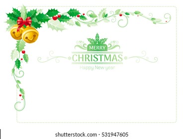 Merry Christmas Holly Border Corner. Holiday Decoration Icons Pattern, Isolated On White. Green Holly Berries, Golden Jingle Bell. Festivity Placard Design Element, Flat Symbol. Vector Illustration.