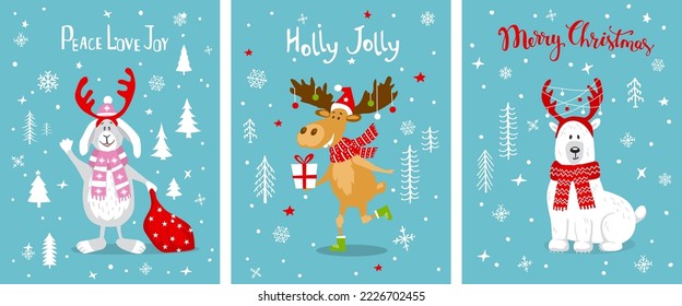 merry Christmas, holly jolly fun Xmas greeting cards set templates with cute cartoon polar bear, moose deer, rabbit hare and  snow forest with snowflakes and stars, Scandinavian style vector 