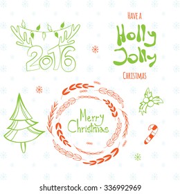 Merry Christmas, Holly Jolly, happy New 2016 Year!  Calligraphic labels, letters elements. Set of graphic Christmas tags with wreath, deer horns pine tree and hand drawn letters