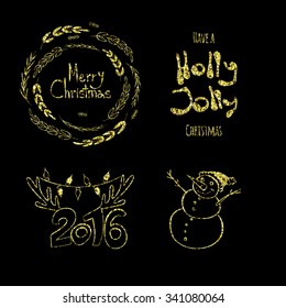Merry Christmas, Holly Jolly, happy New 2016 Year! Calligraphic labels, letters elements made of golden glitters. Shiny set of graphic. Gold Christmas tags with wreath, deer horns and snowman, letters