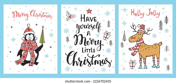merry christmas, holly jolly, have yourself a merry little christmas fun xmas time greeting cards set templates with cute cartoon penguin reindeer, snow forest with snowflakes and stars