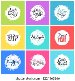 Merry Christmas, Holly Jolly quote, happy holidays and New Year, joy greeting cards design, lettering font, stars and snowflakes. Inscriptions in color frames backgrounds