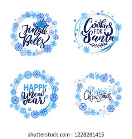 Merry Christmas, Holly Jolly quote, happy holidays and New Year, joy greeting cards, lettering font, stars and snowflakes. Inscriptions in wreath tag