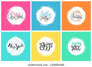 Merry Christmas, Holly Jolly quote, happy holidays and New Year, joy greeting cards design, lettering font, stars and snowflakes. Inscriptions in color frames backgrounds