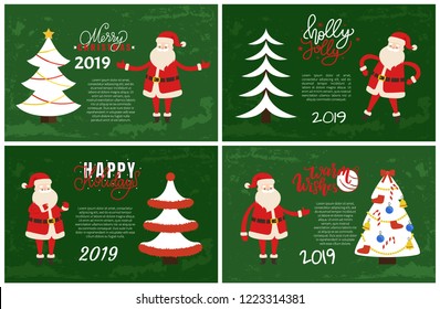 Merry Christmas and Holly Jolly Set of postcards with Santa Claus. Vector cartoon character and Xmas tree decoreted with topper star, colorful ribbons