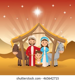 Merry Christmas and holy family concept represented by joseph maria jesus donkey and cow icon over desert landscape. Colorfull illustration.