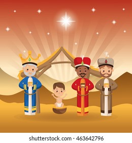 Merry Christmas and holy family concept represented by three wise men and jesus icon over desert landscape. Colorfull illustration.