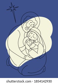 Feliz Navidad. Virgen de la Sagrada Familia María y José. El nacimiento del bebé Salvador Jesucristo. Buenas noches y la estrella de Belén. Ilustración vectorial en un fondo azul. Línea, esquema