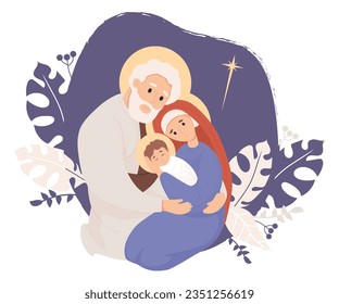 Merry Christmas. Holy Family. Virgin Mary and Joseph and baby Jesus Christ. Birth of Savior. Vector illustration in flat style for holiday design, decor, postcards