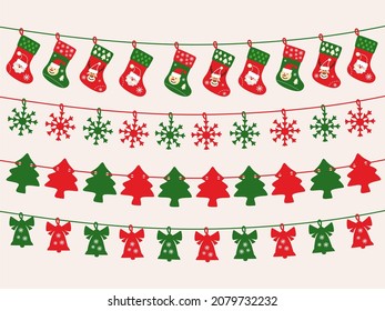 
Merry Christmas home decoration props. Christmas decor hanging banner red green.Xmas garland. Christmas bunting flags, hanging ornament. New year.Santa Claus. Color flat vector illustration. Isolated