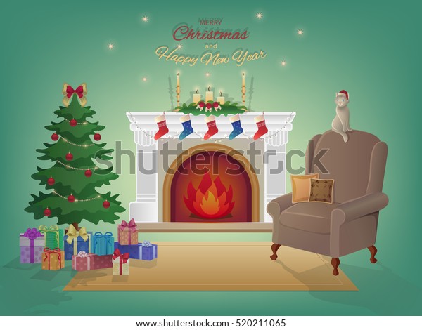 Merry Christmas Home Interior Fireplace Christmas Stock