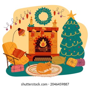 Merry Christmas  home living room interior design element hand drawn flat cartoon illustration