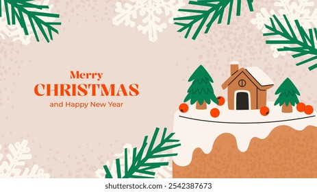 Fondo Horizontal de las Navidades alegres con las ramas de la torta y del abeto de las Navidades . Ilustración texturizada de Vector plano.