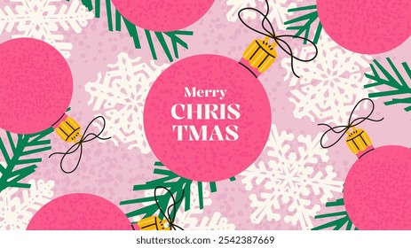 Merry Christmas horizontal background with Pink Christmas balls and fir branches. Flat vector textured illustration.