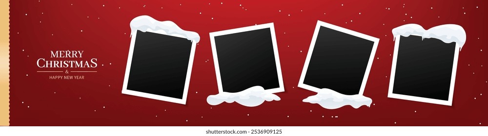 Merry Christmas horizontal banner with 4 instant vintage photo frames. Falling snow on red background. Banner template, golden text Merry Christmas and Happy New Year. White snowdrifts, snow caps.