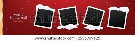 Merry Christmas horizontal banner with 4 instant vintage photo frames. Falling snow on red background. Banner template, golden text Merry Christmas and Happy New Year. White snowdrifts, snow caps.