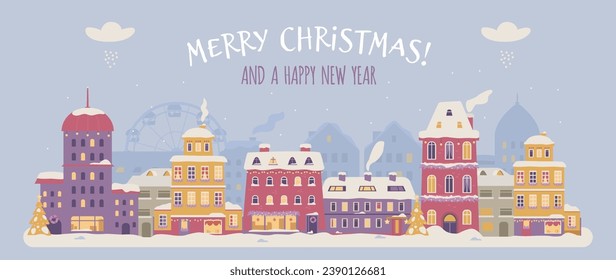 Merry Christmas horizontal banner with cute snowy town flat vector illustration.