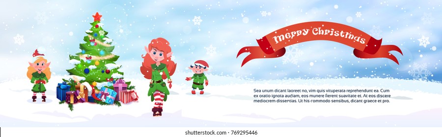 Merry Christmas Horizontal Banner Cute Elfs And Pine Tree Decorated With Colorful Balls Poster With Copy Space Flat Vector Illustration